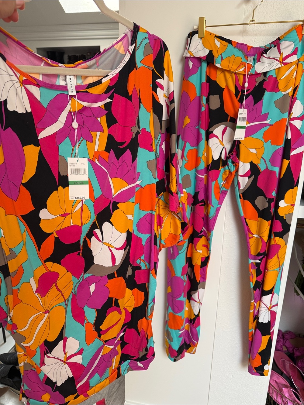 Trina Turk Set - Floral Tunic and Pant Set in Fuchsia, Orange, Turquoise